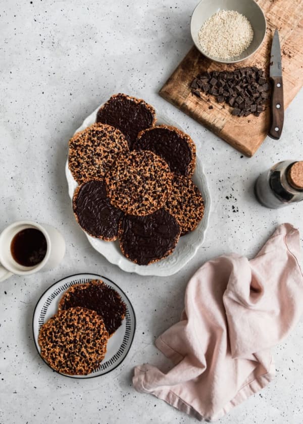 Sesame Lace Cookies With Dark Chocolate cover