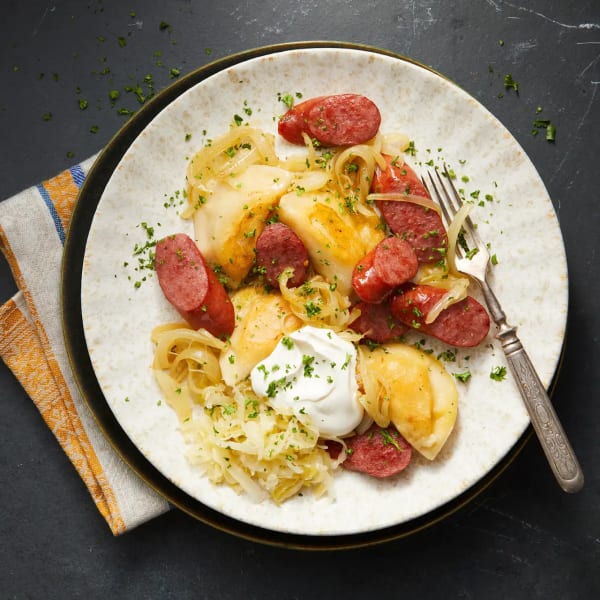 Weeknight Pan-Fried Pierogi and Kielbasa cover