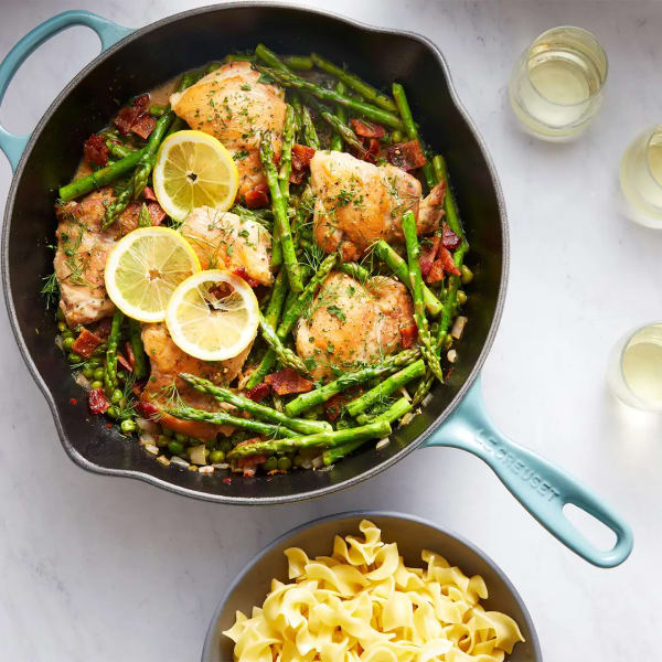 One Skillet Chicken Thighs With Asparagus And Peas cover