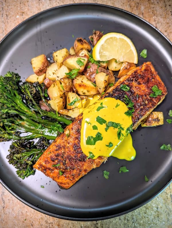 Blackened Salmon with Turmeric Cream Sauce cover