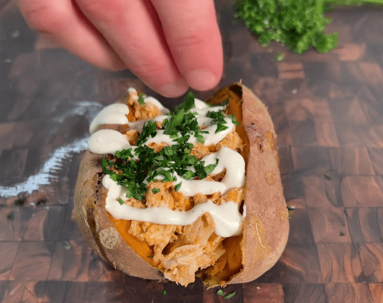Buffalo Chicken Stuffed Sweet Potatoes