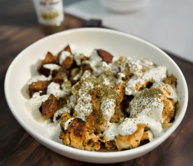 Lemon Herb Chicken with Creamy Garlic Dill Sauce & Roasted Potatoes