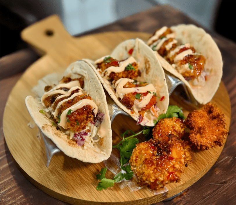 High Protein Bang Bang Shrimp Tacos