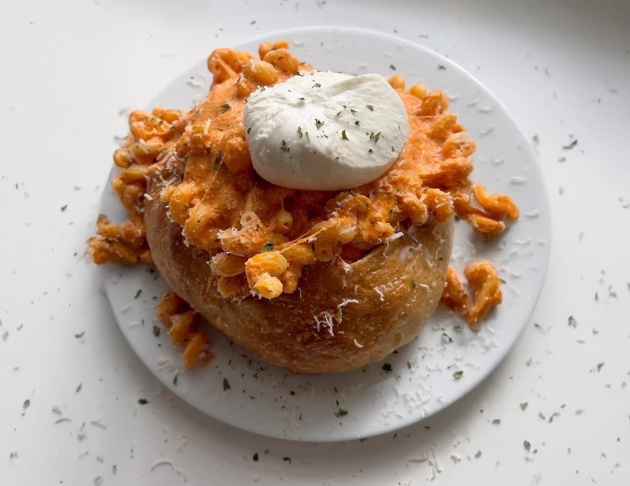 Cheesy Tomato Burrata Pasta in a Bread Bowl