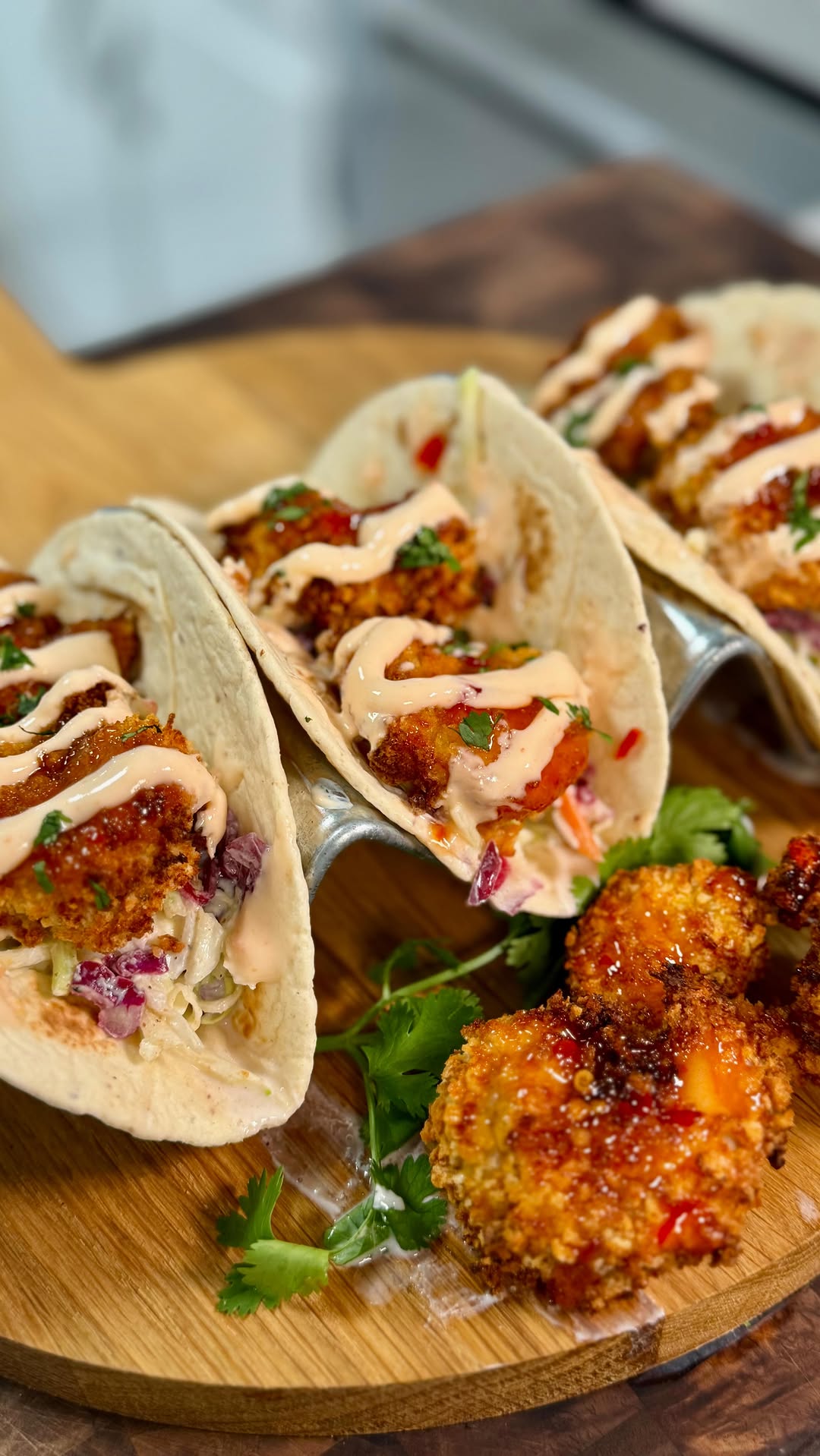 High Protein Bang Bang Shrimp Tacos