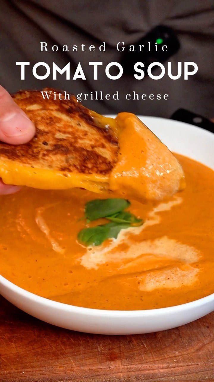 Roasted Garlic Tomato Soup with Grilled Cheese