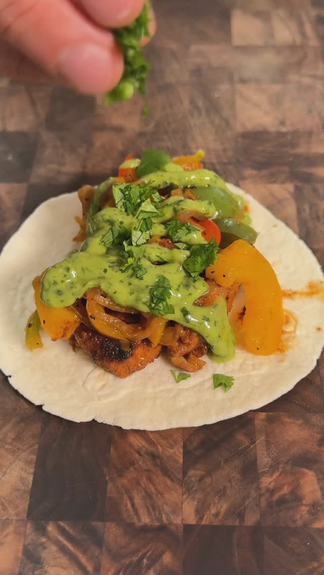 High Protein Chicken Fajita Tacos with Green Goddess Sauce