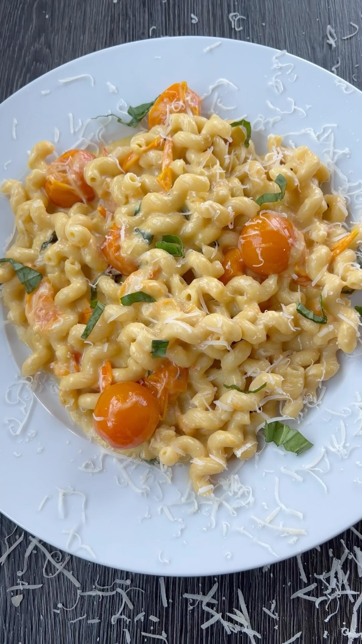 Sungold Tomato Pasta with Roasted Garlic & Burrata
