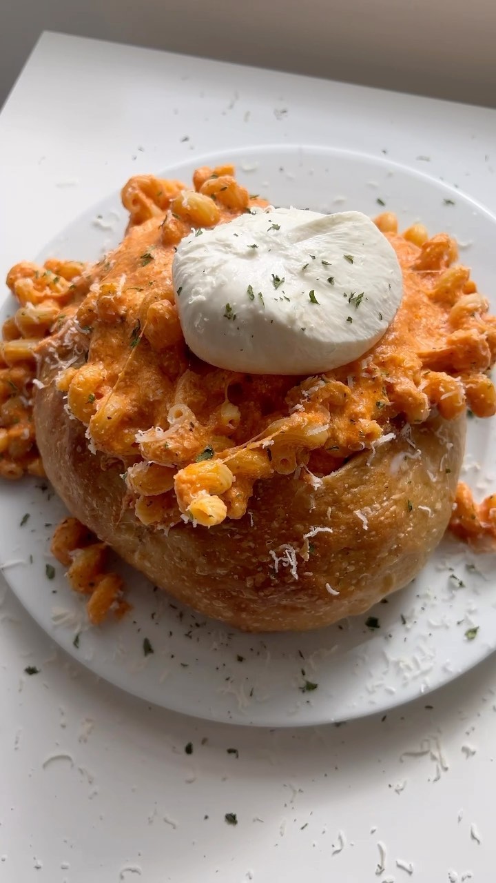 Cheesy Tomato Burrata Pasta in a Bread Bowl