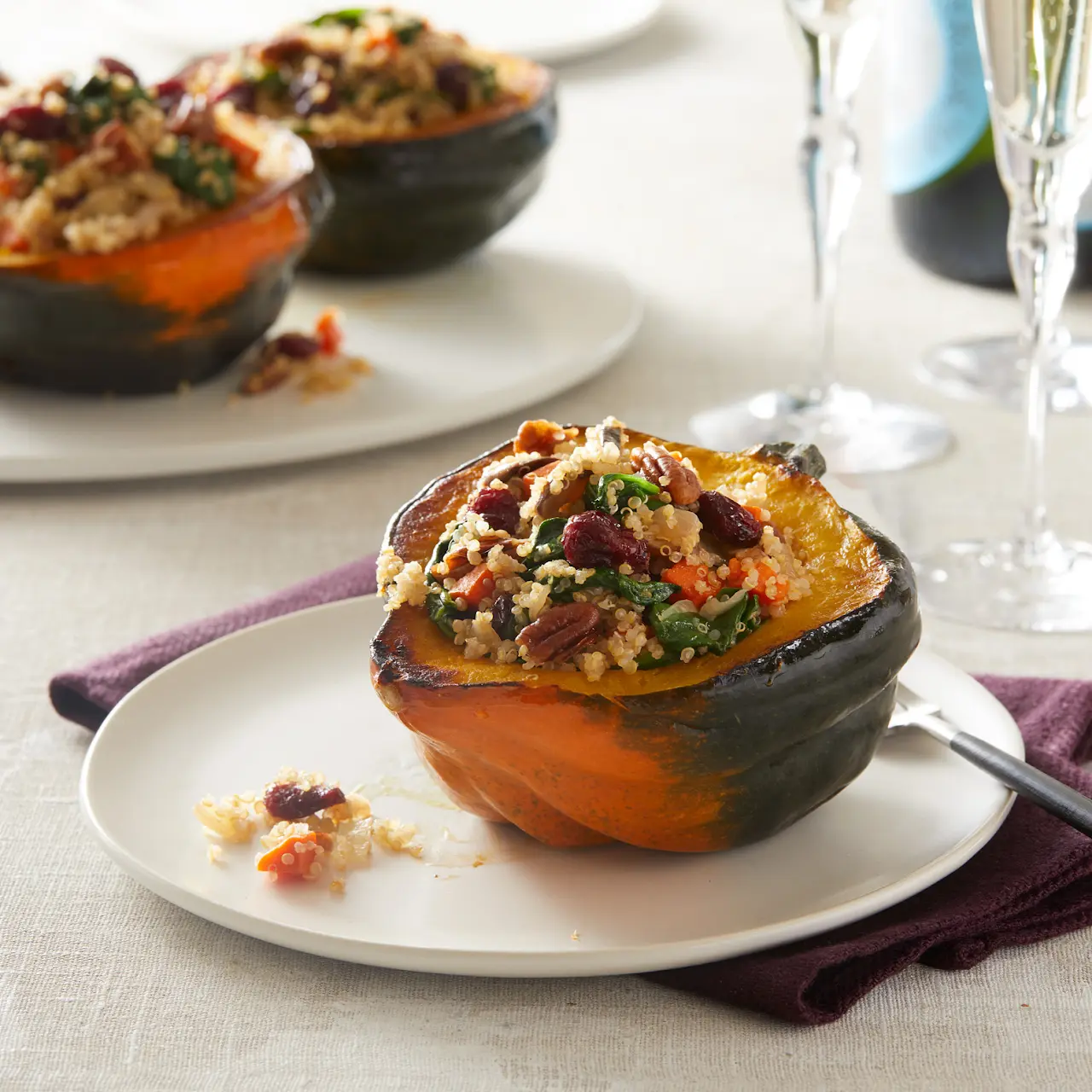 Vegan Quinoa, Spinach, and Mushroom Stuffed Acorn Squash