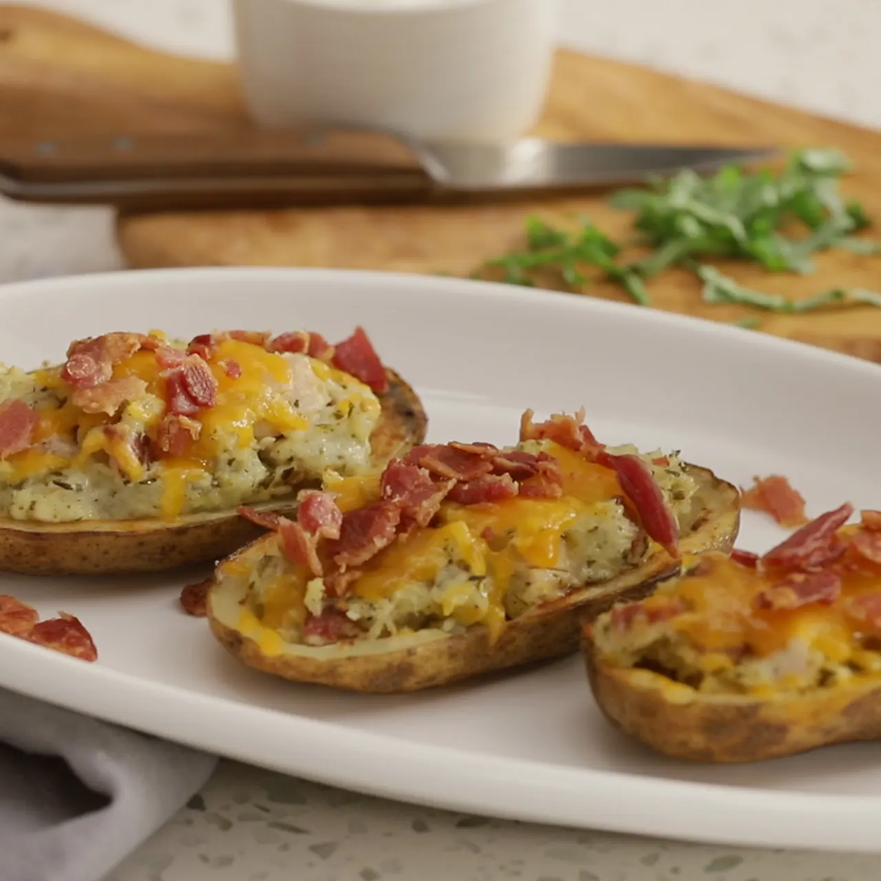 Chicken, Bacon, and Pesto Potato Skins