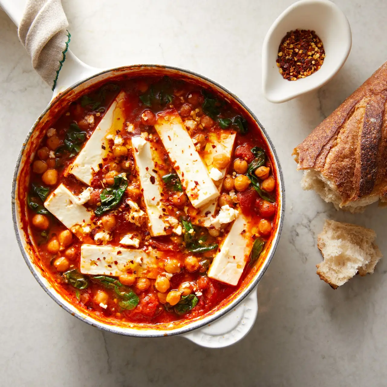 Braised Chickpeas with Tomato, Spinach, and Feta