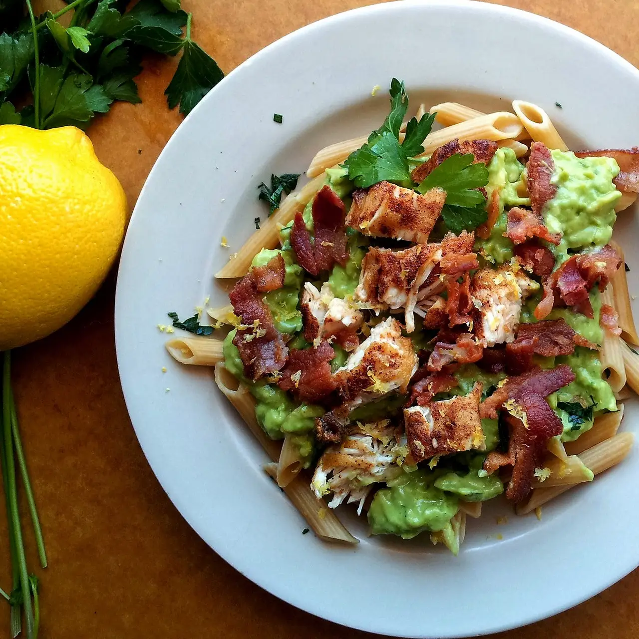Avocado Cream Pasta with Chicken and Bacon