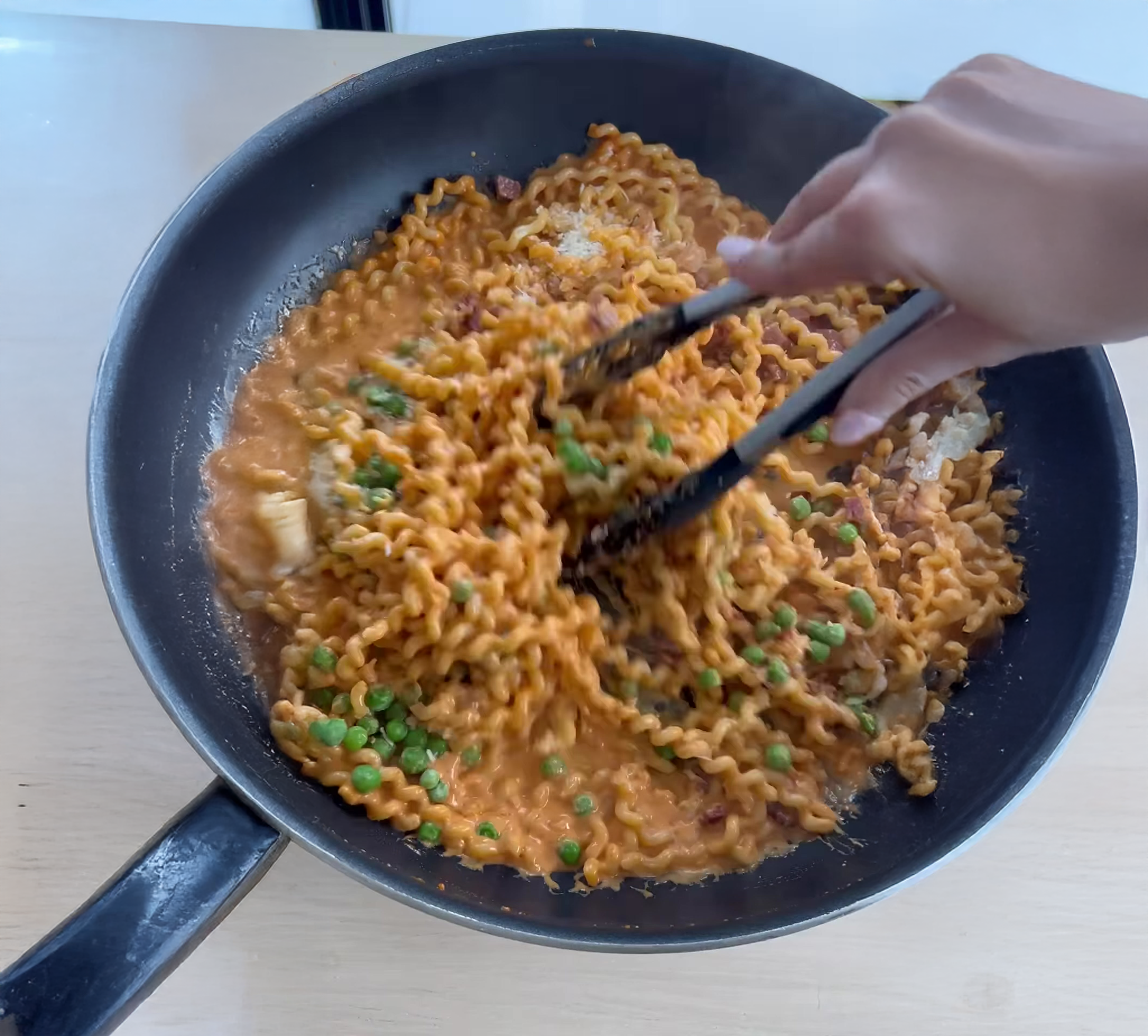 Creamy Tomato Pancetta Pasta with Peas