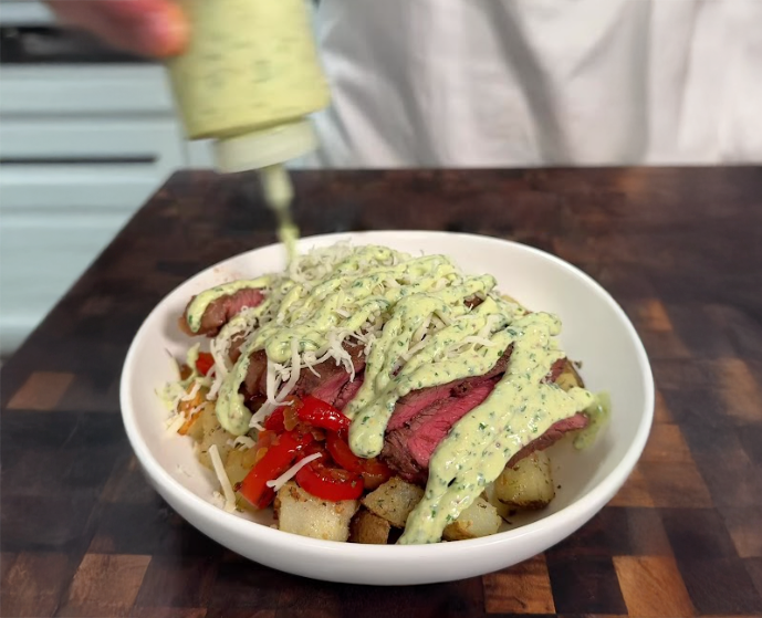 High Protein Steak Bowl with Garlic Herb Yogurt Drizzle