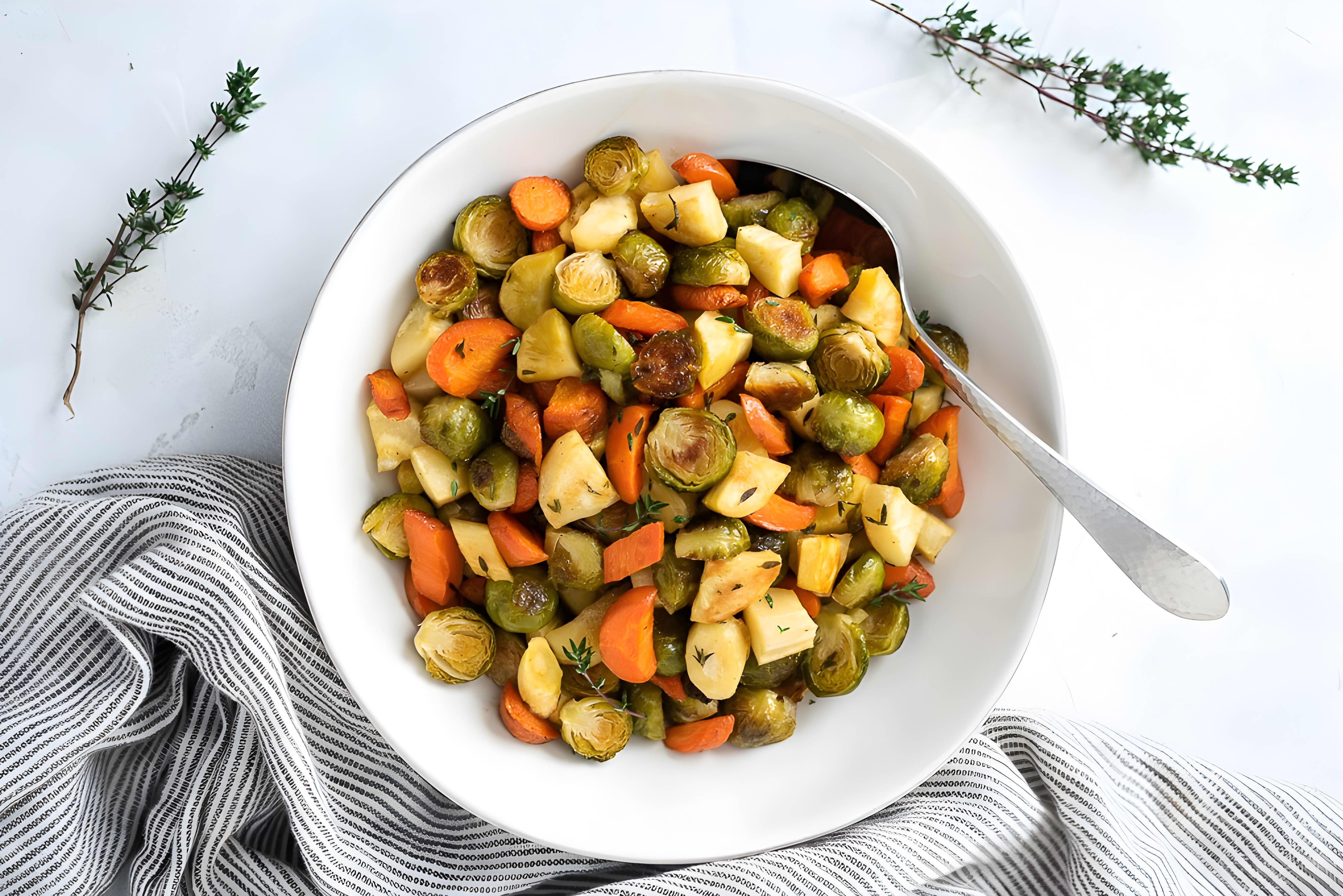 Maple Thyme Roasted Brussels Sprouts, Carrots and Parsnips