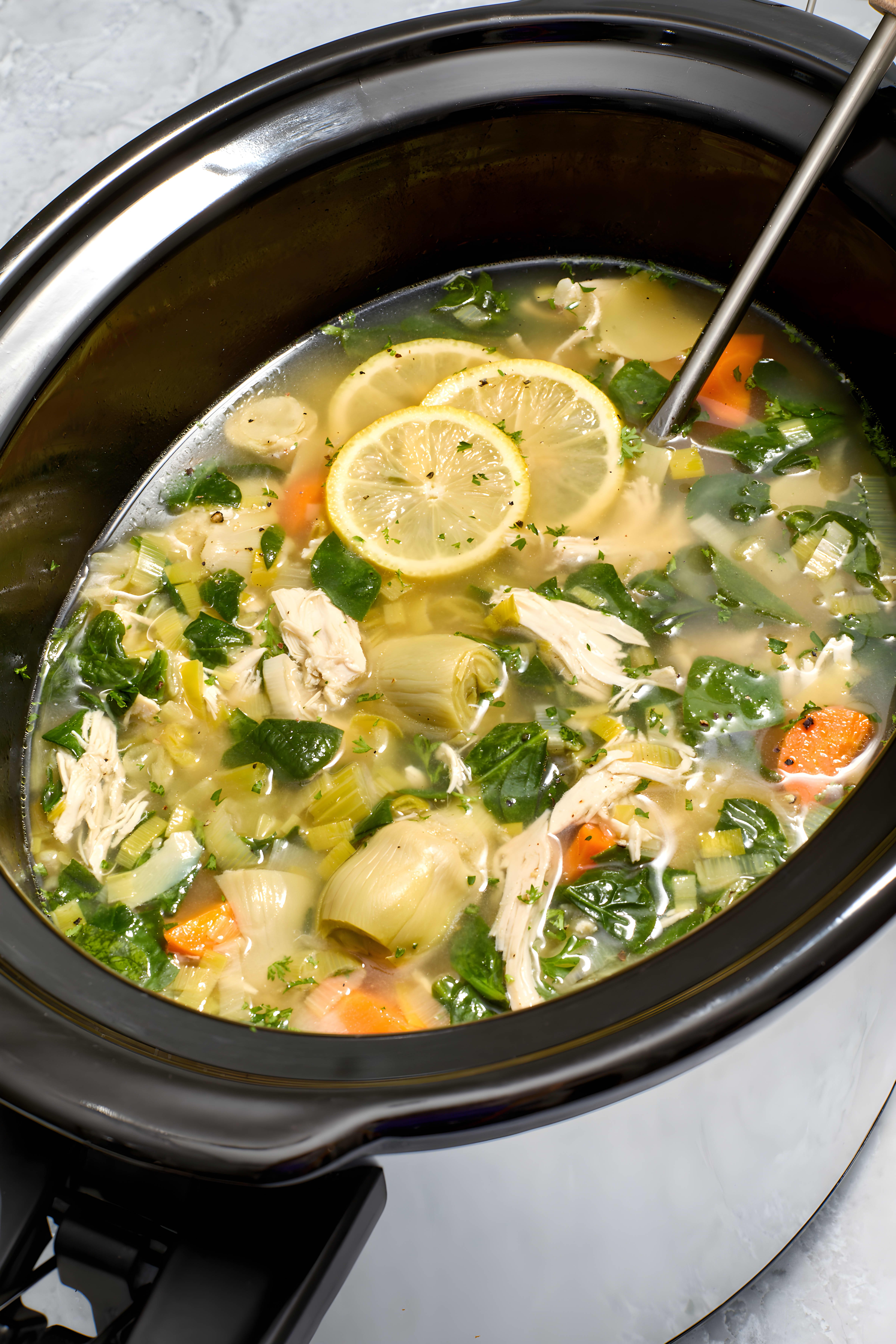 Slow Cooker Lemon Chicken Artichoke Soup