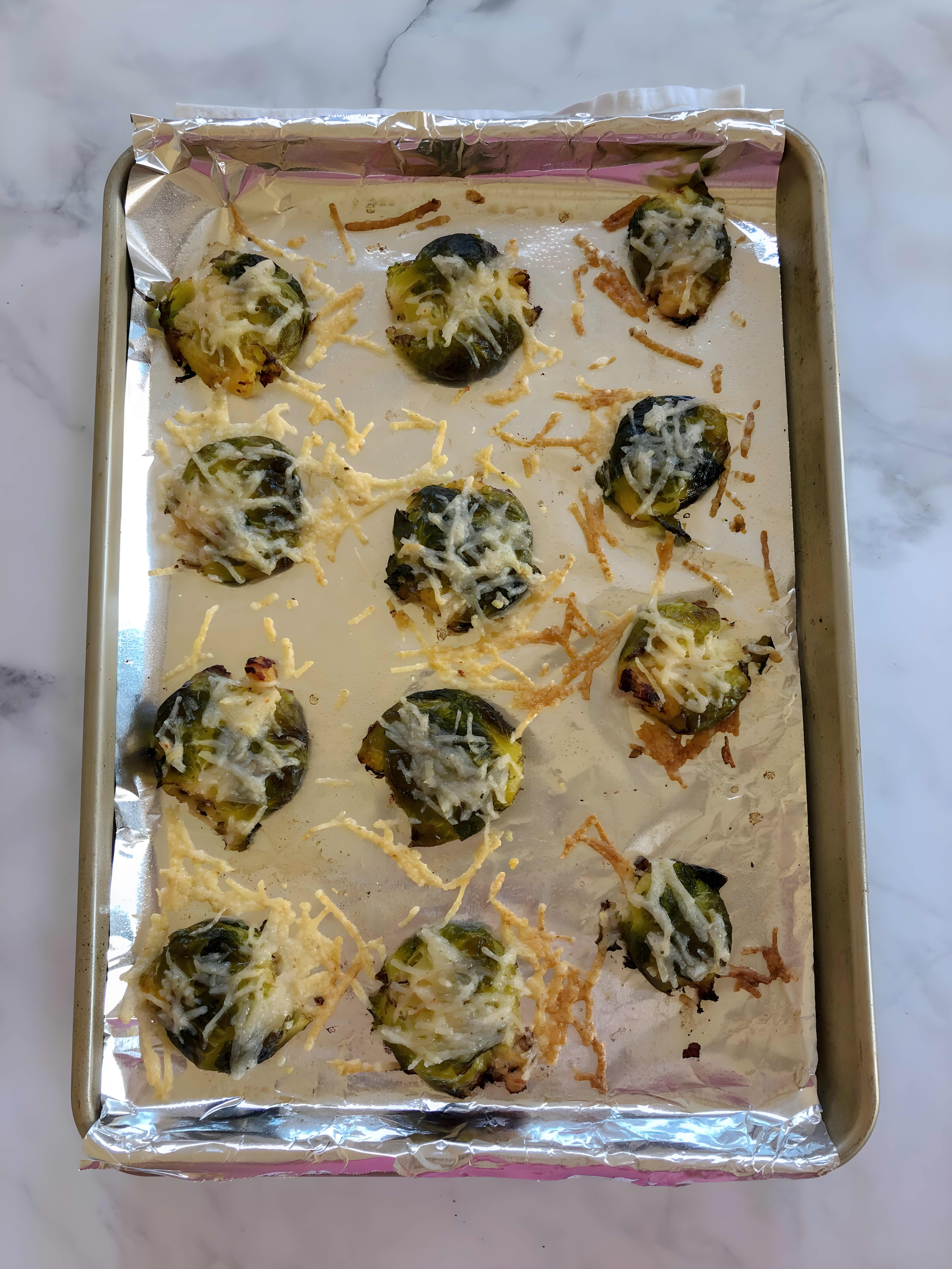 Smashed Brussels Sprouts with Vegan Cheese