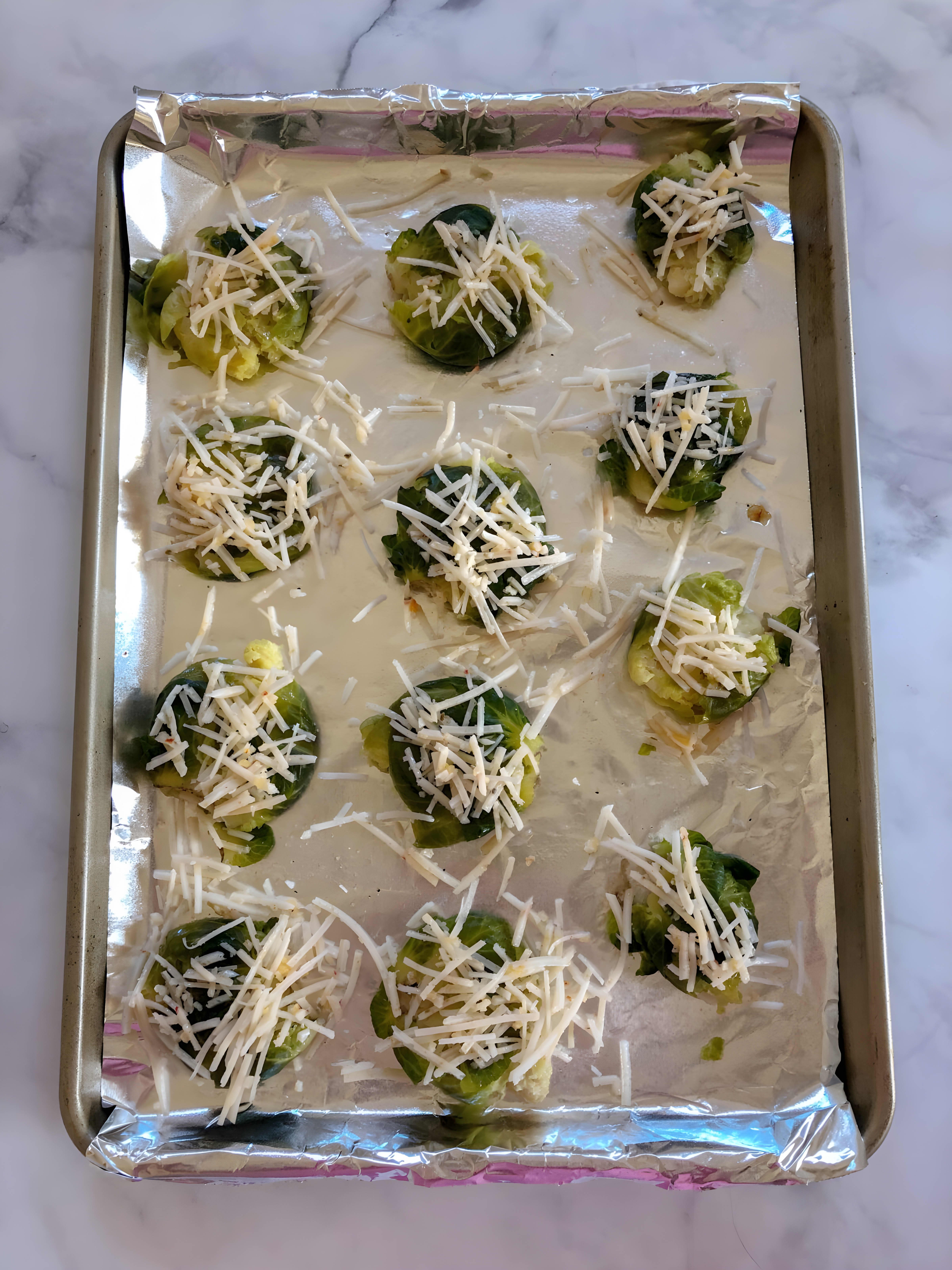 Smashed Brussels Sprouts with Vegan Cheese