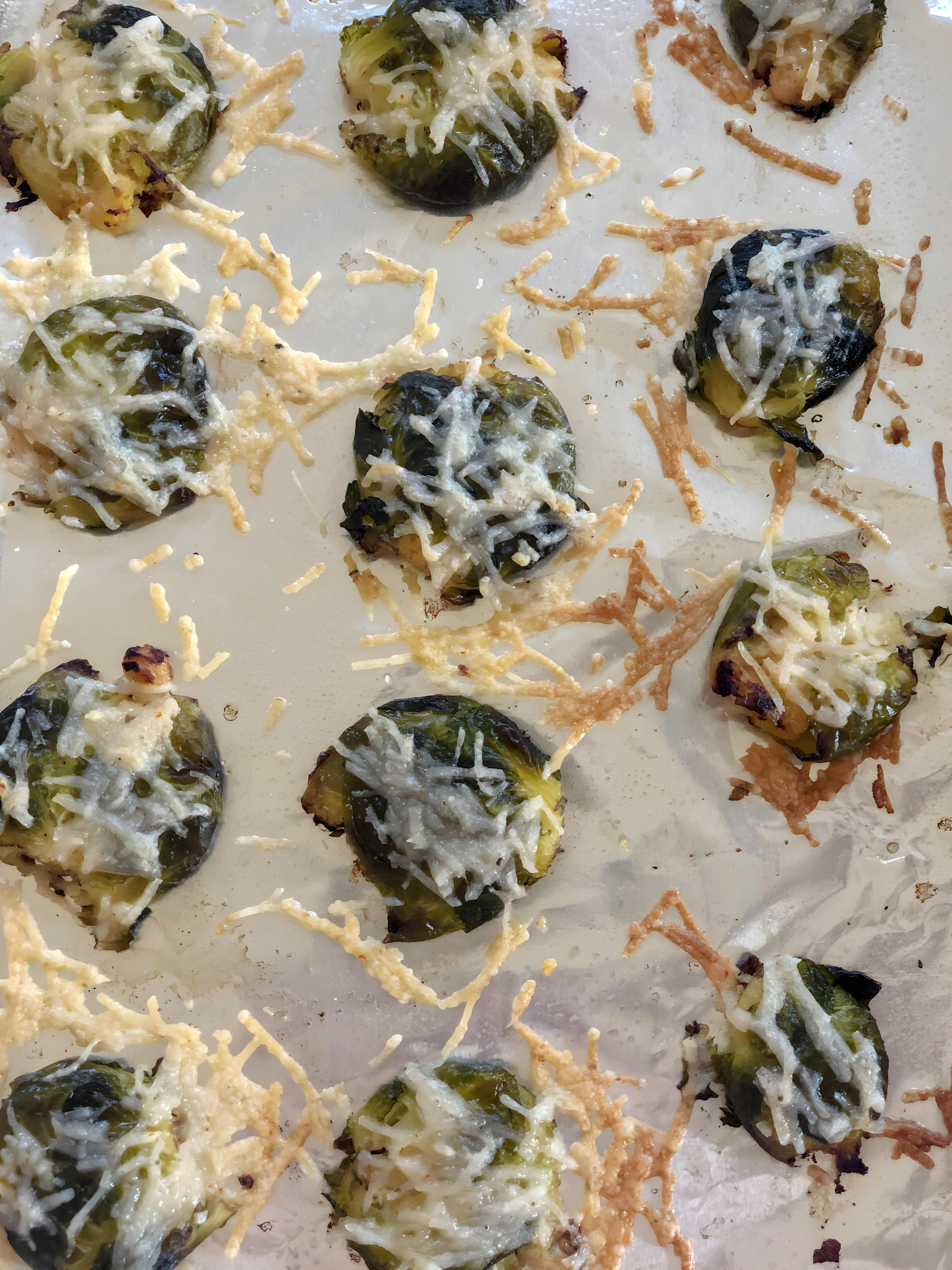 Smashed Brussels Sprouts with Vegan Cheese