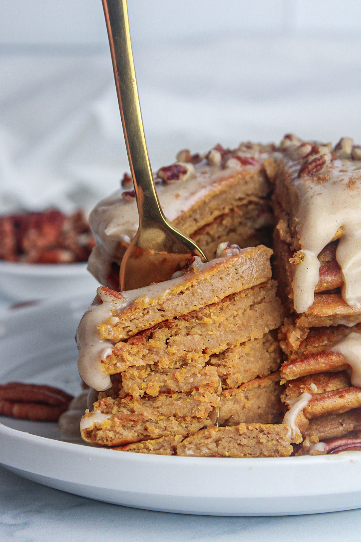 Pumpkin Protein Pancakes with Maple Cream Cheese Glaze (Vegan)