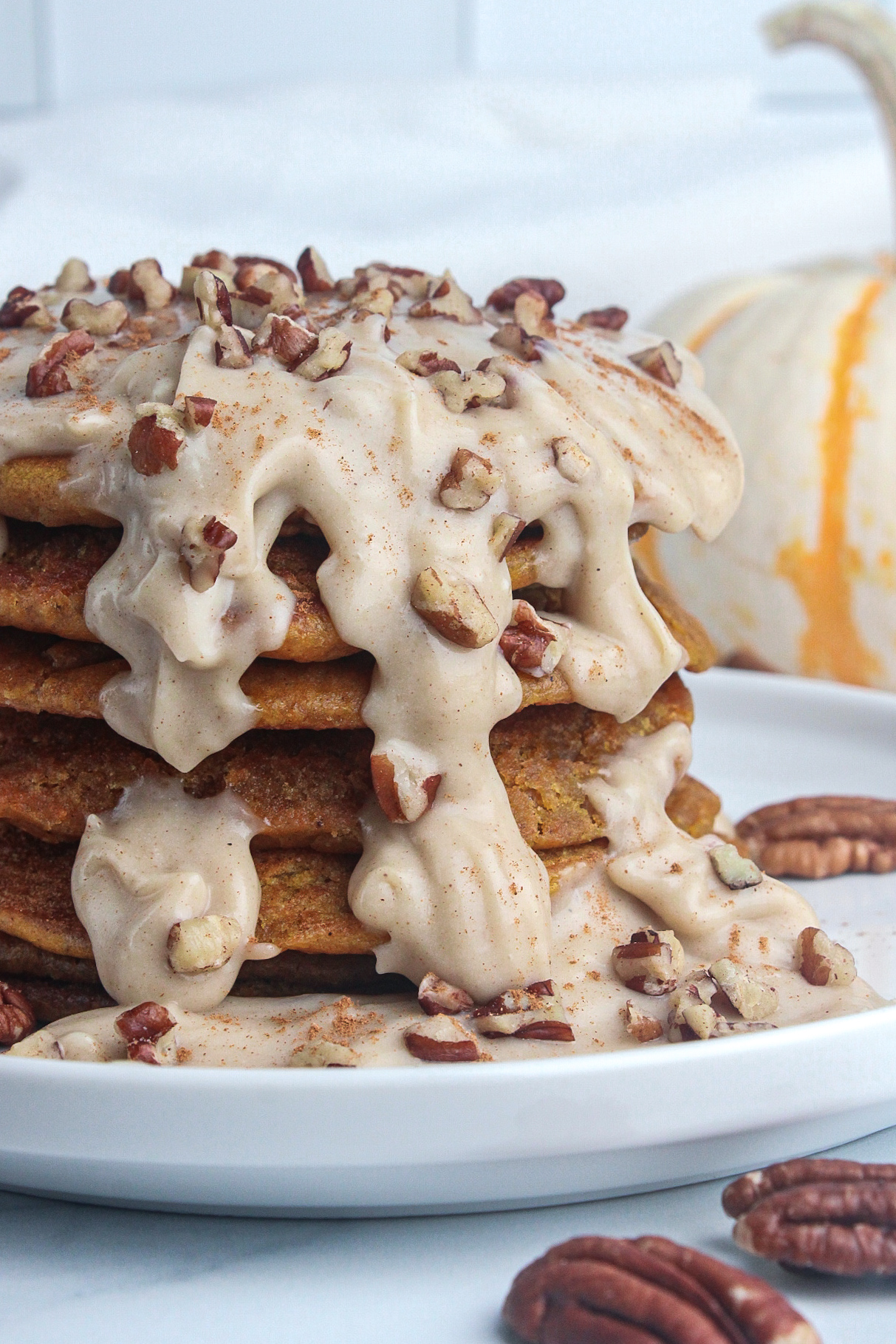 Pumpkin Protein Pancakes with Maple Cream Cheese Glaze (Vegan)