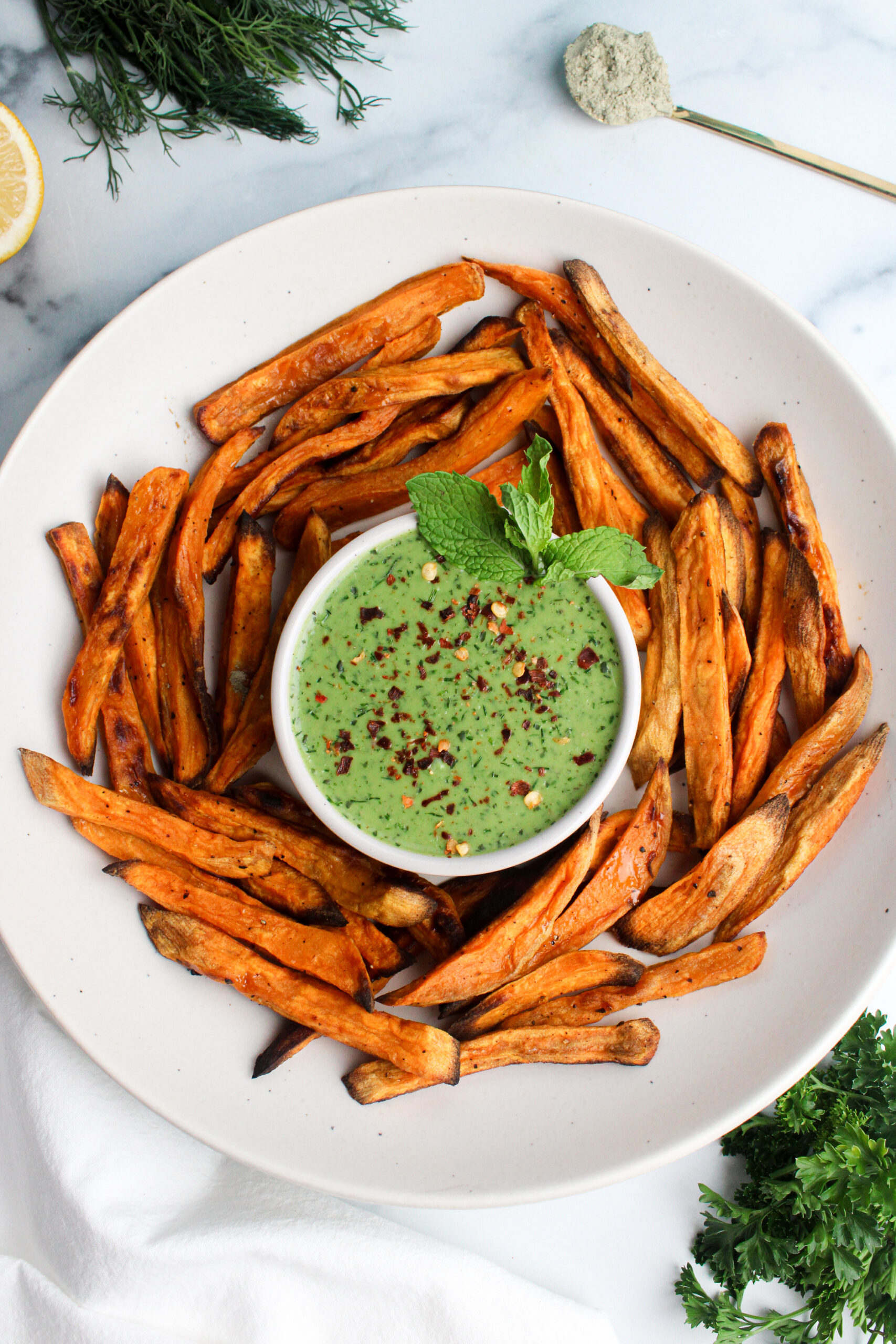Baked Sweet Potato Fries with Green Goddess Dip