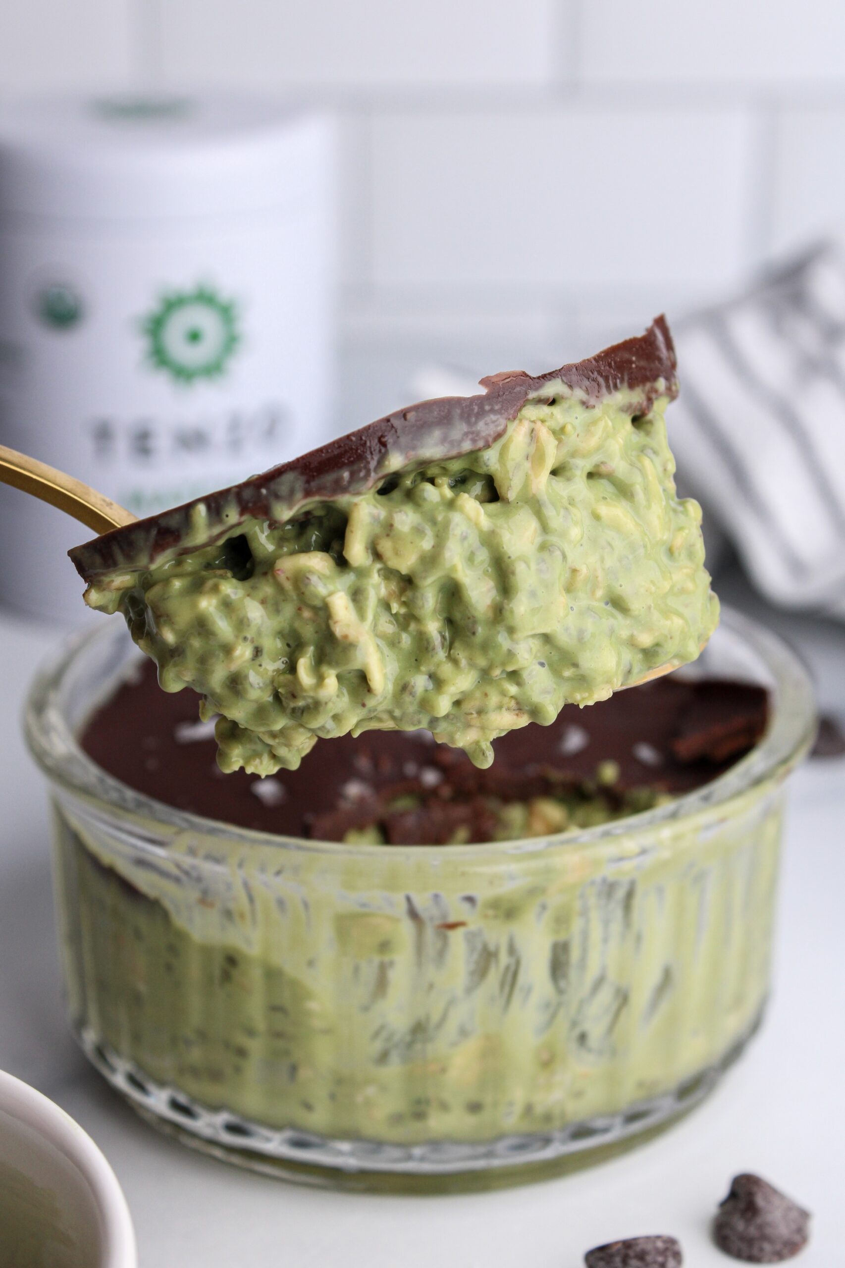 Matcha Overnight Oats with Chocolate Shell