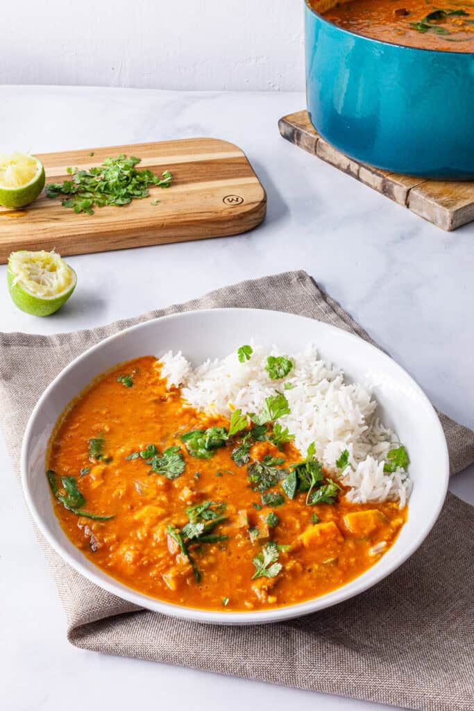 Red Curry Lentils with Sweet Potatoes and Spinach