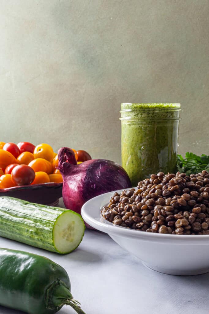 Lentil Salad with Avocado, Cherry Tomato, and Lime Cilantro Vinaigrette