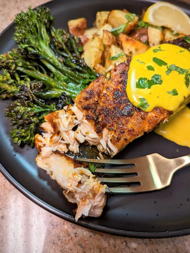 Blackened Salmon with Turmeric Cream Sauce