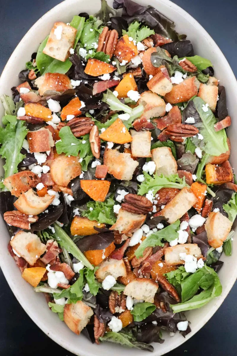Roasted Butternut Squash Salad with Shallot Dressing and Bacon