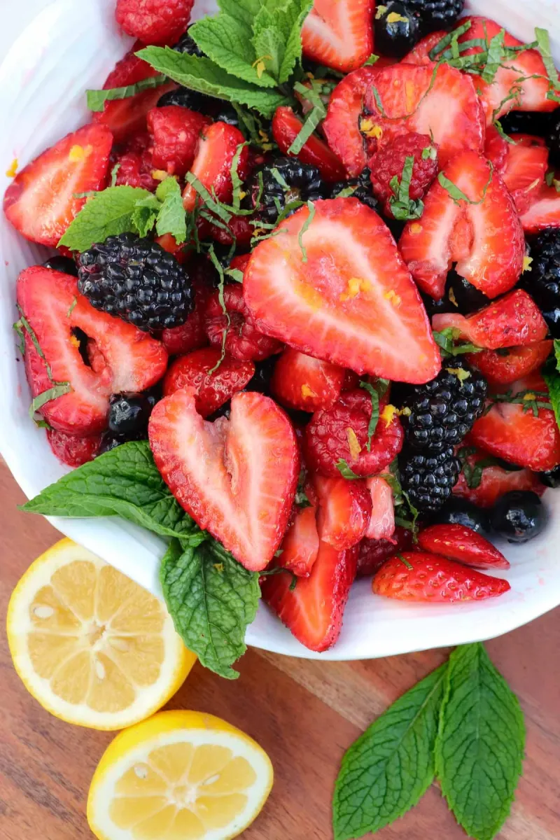Berries and Cream with Mint and Honey Lemon Syrup