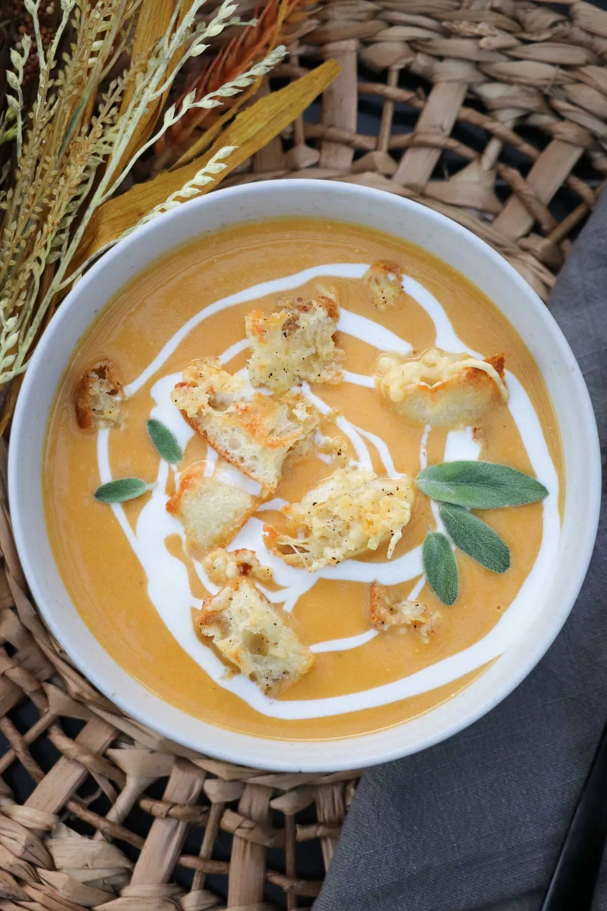 Butternut Squash Soup with Sage and Croutons