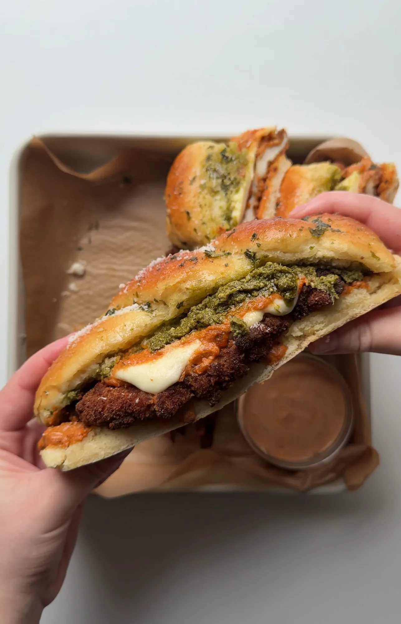 Garlic Knot Vodka Parmesan Chicken Sandwich