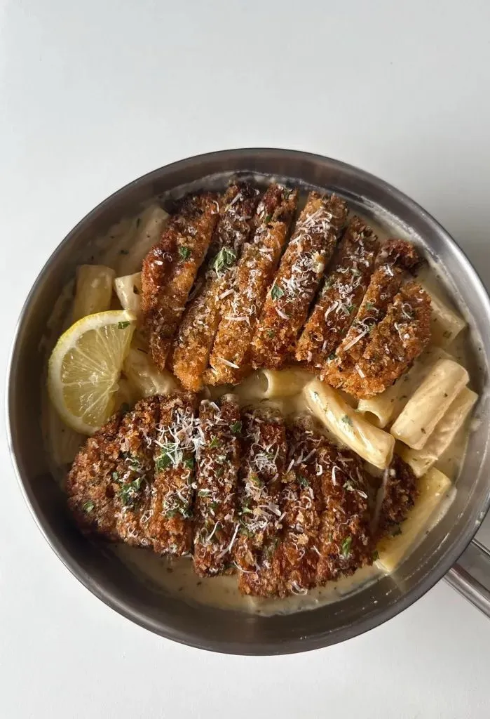 Lemon Garlic Parmesan Pasta with Crispy Chicken