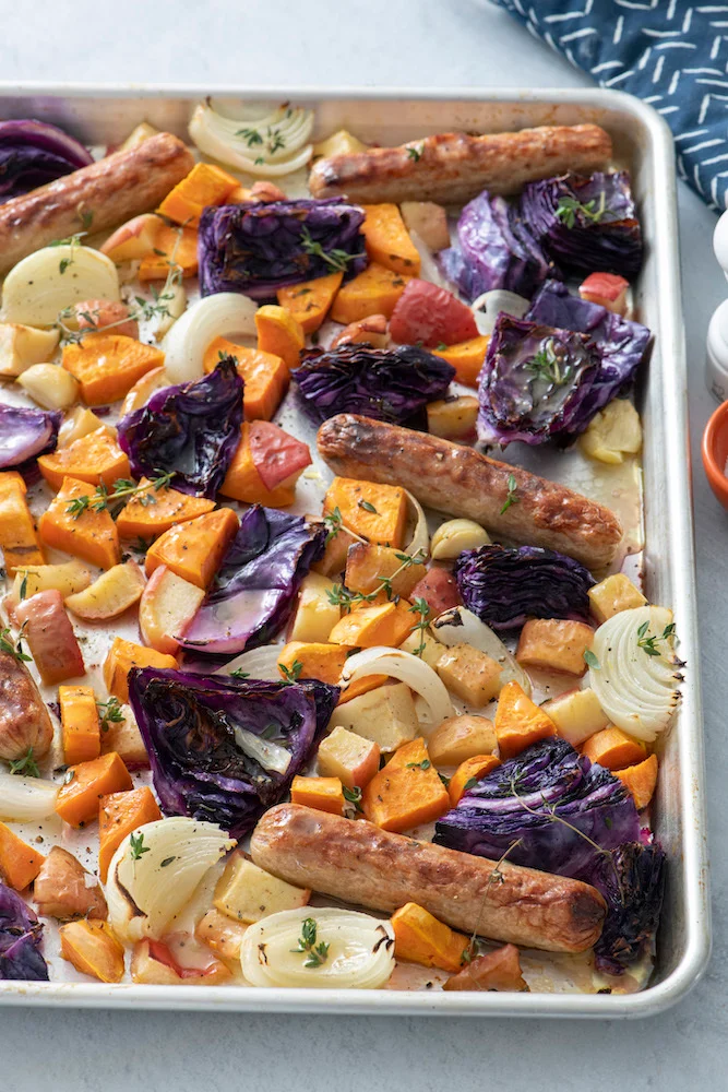 Sheet Pan Sausage with Cabbage and Apples