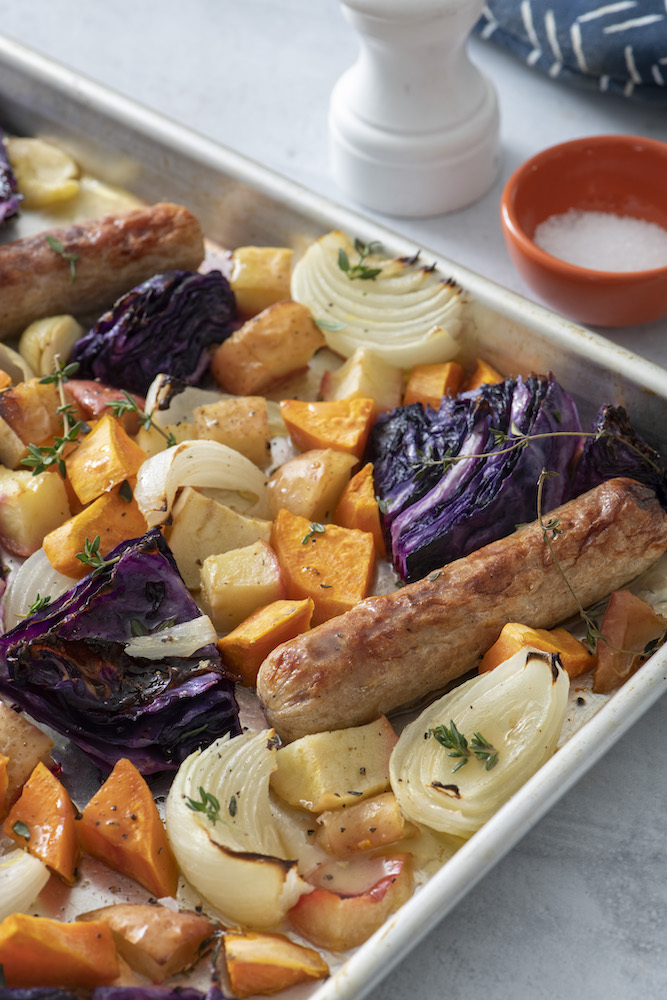 Sheet Pan Sausage with Cabbage and Apples