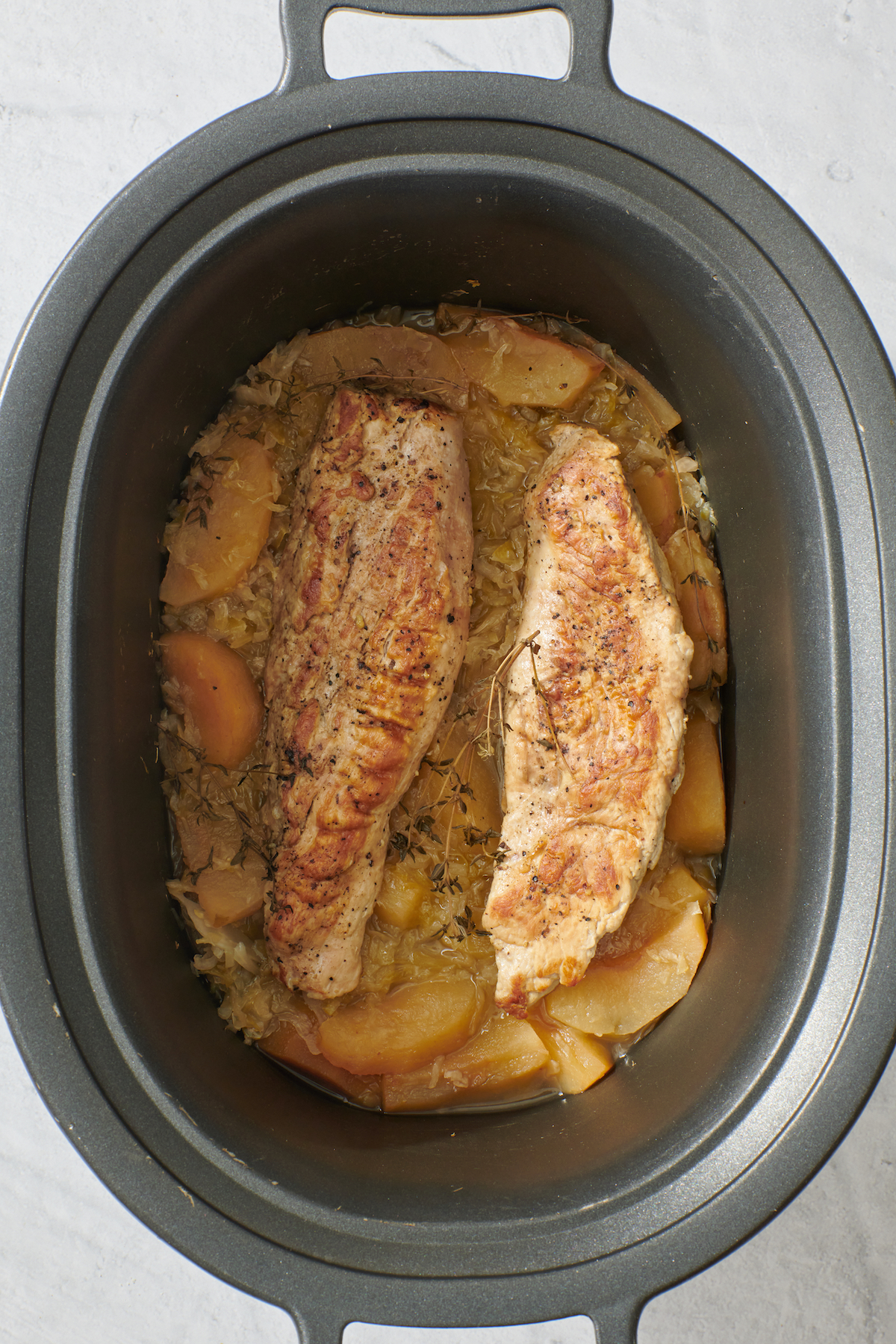 Slow Cooker Pork Tenderloin with Apples and Sauerkraut