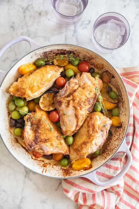 Roast Chicken with Caramelized Lemons, Cherry Tomatoes and Olives