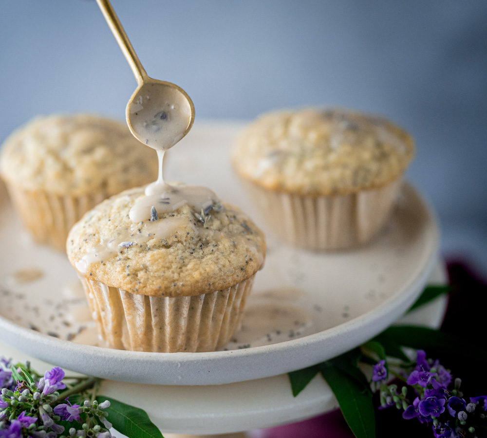 Vegan Lemon Poppy Seed Muffins With Lavender Glaze