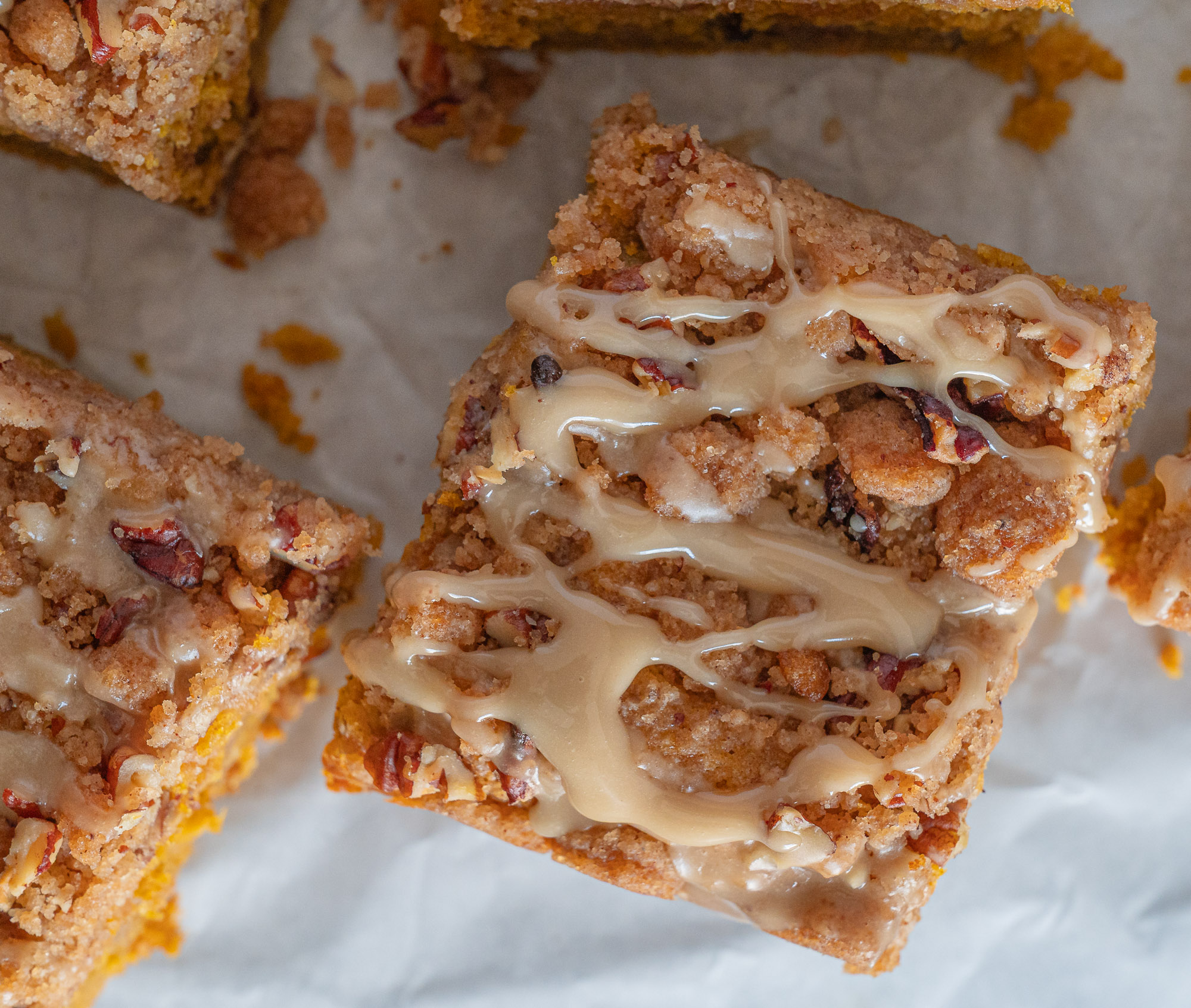 Pumpkin Pecan Coffee Cake with Brown Butter Streusel and Maple Icing