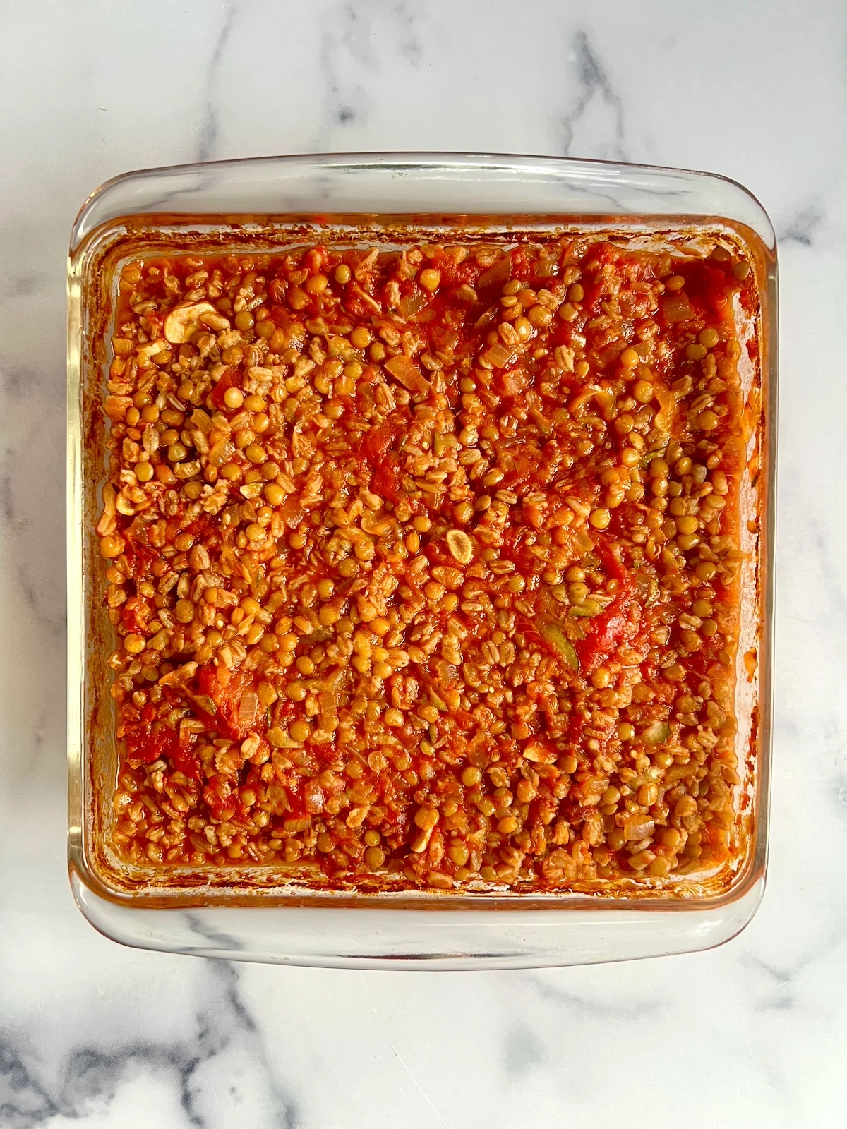 Baked Farro with Lentils, Tomato and Mozzarella
