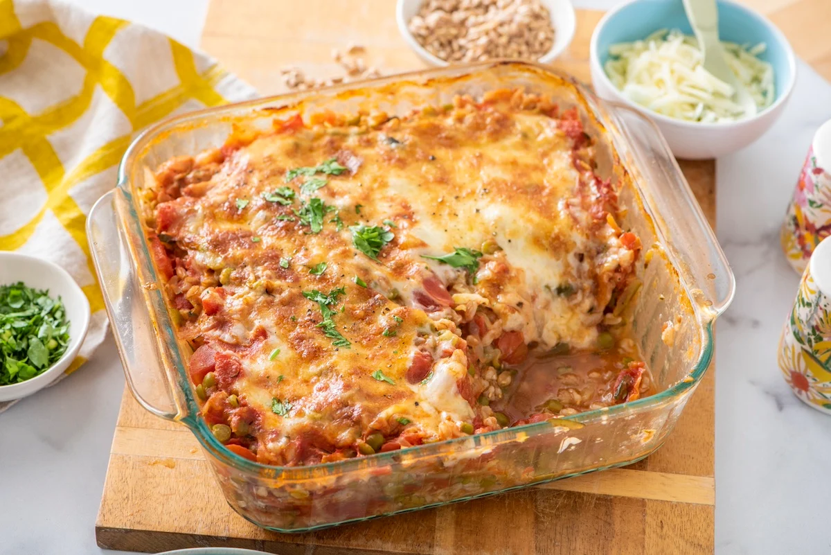 Baked Farro with Lentils, Tomato and Mozzarella