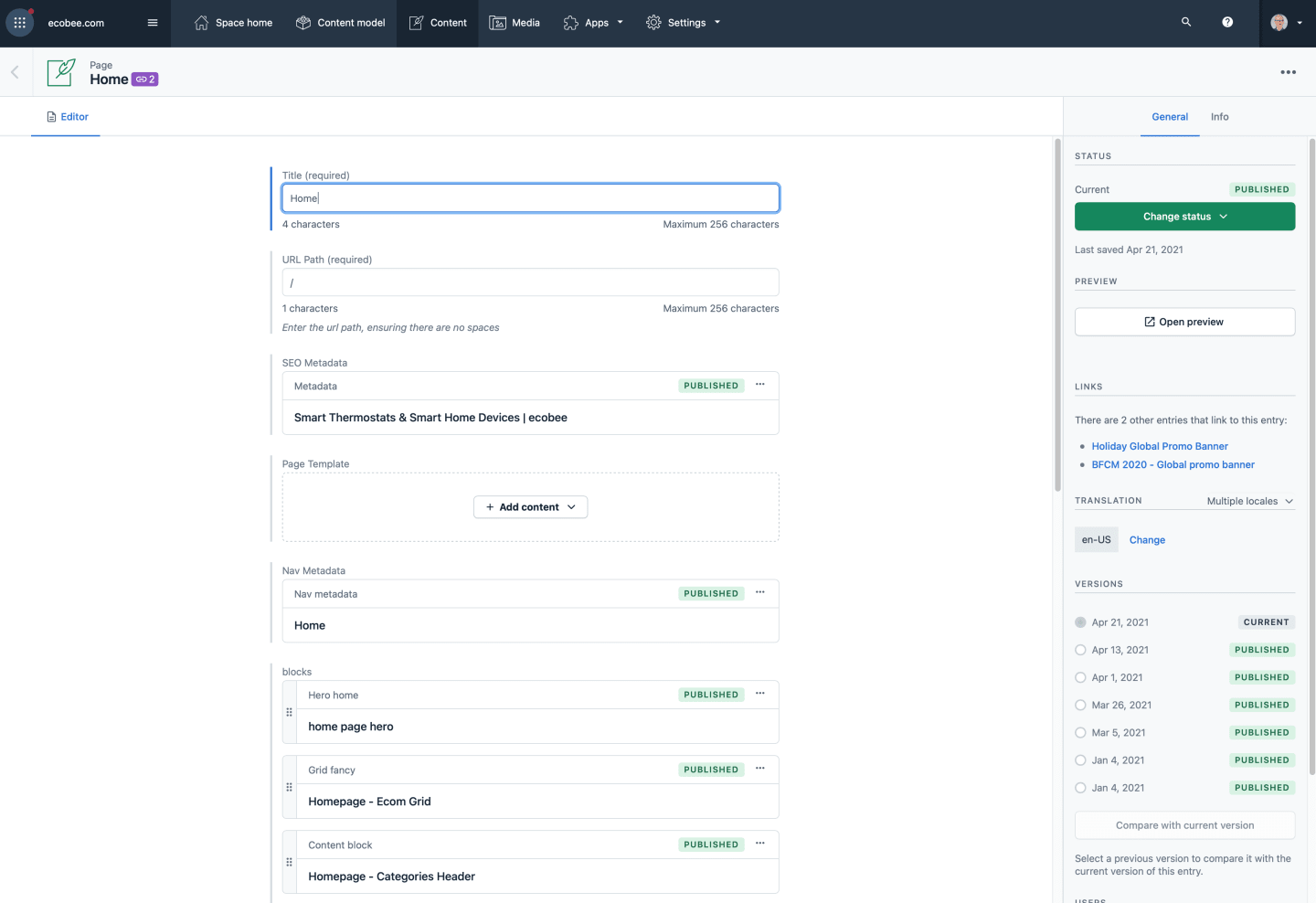 A screenshot of a Contentful entry showing pairs of input fields and their labels, like 'Title', 'URL', etc.