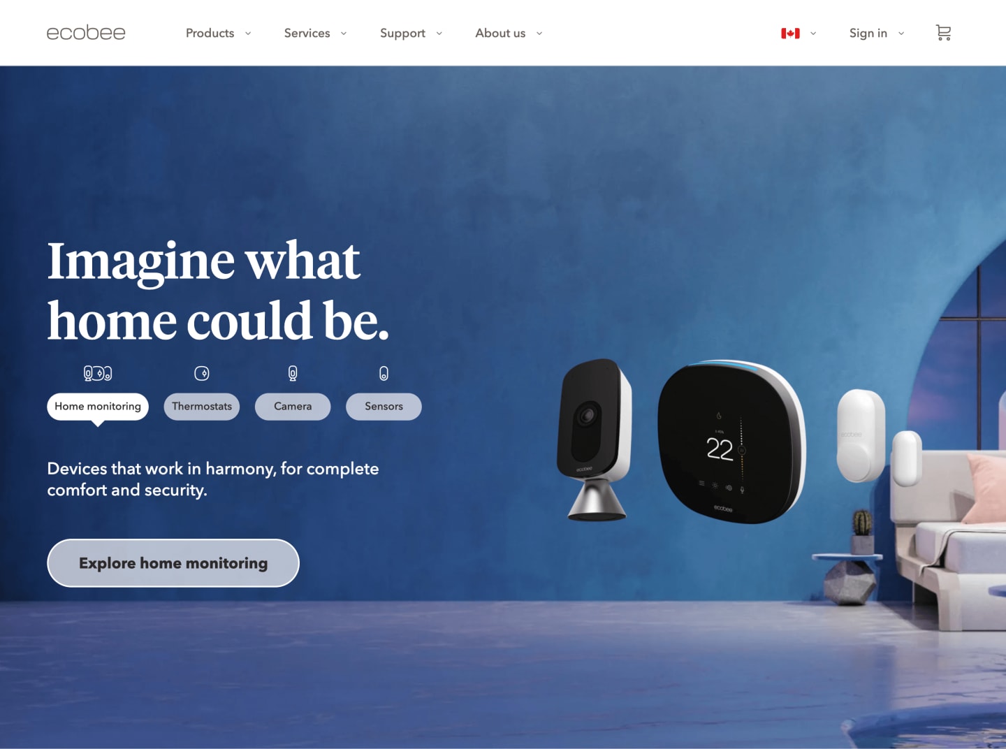 The top section of ecobee.com, showing an image of a Smart Camera, Smart Thermostat, and two Smart Sensors next to the words, 'Imagine what could be'.