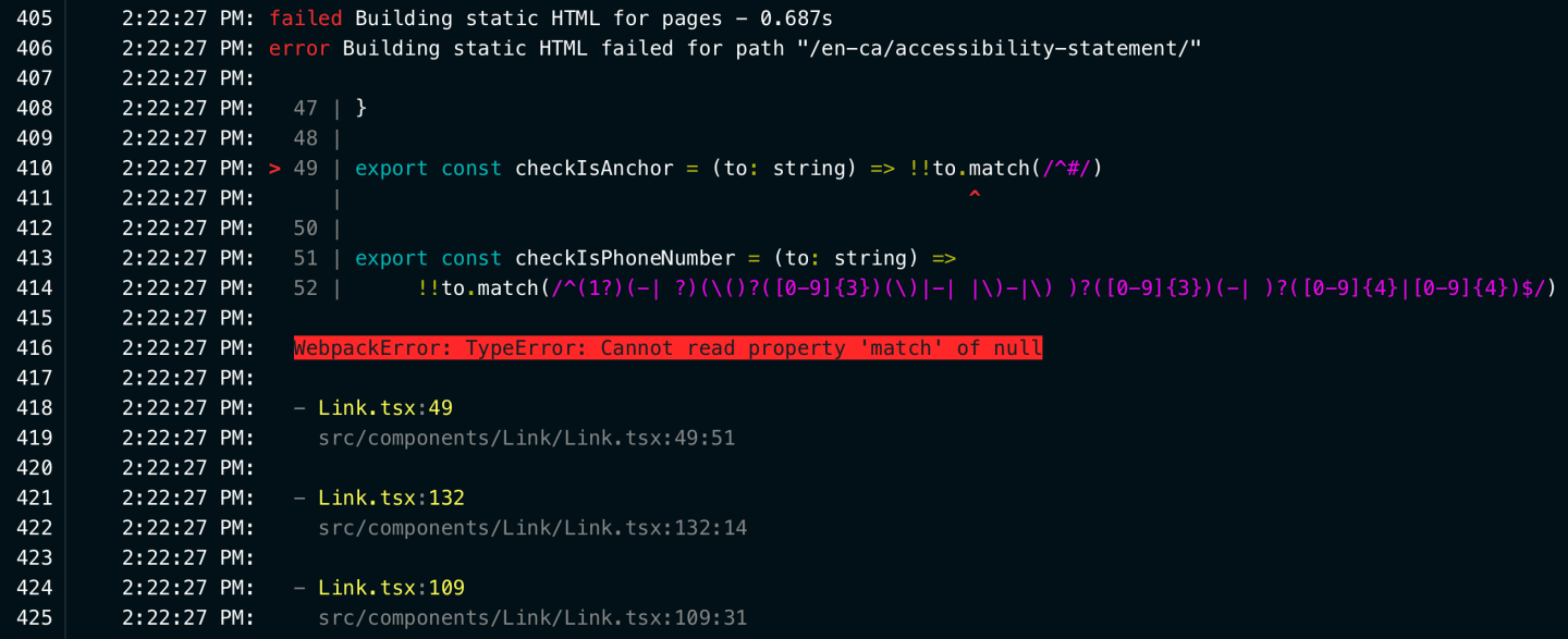 The console output of a failed website build showing an error in red that says 'Cannot read property match of null'.