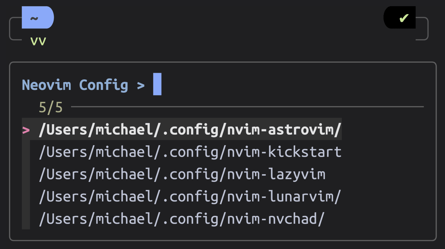 A terminal after running the command "vv", showing a menu with the options "nvim-lazyvim", "nvim-kickstart", "nvim-nvchad", "nvim-astrovim" and "nvim-lunarvim".