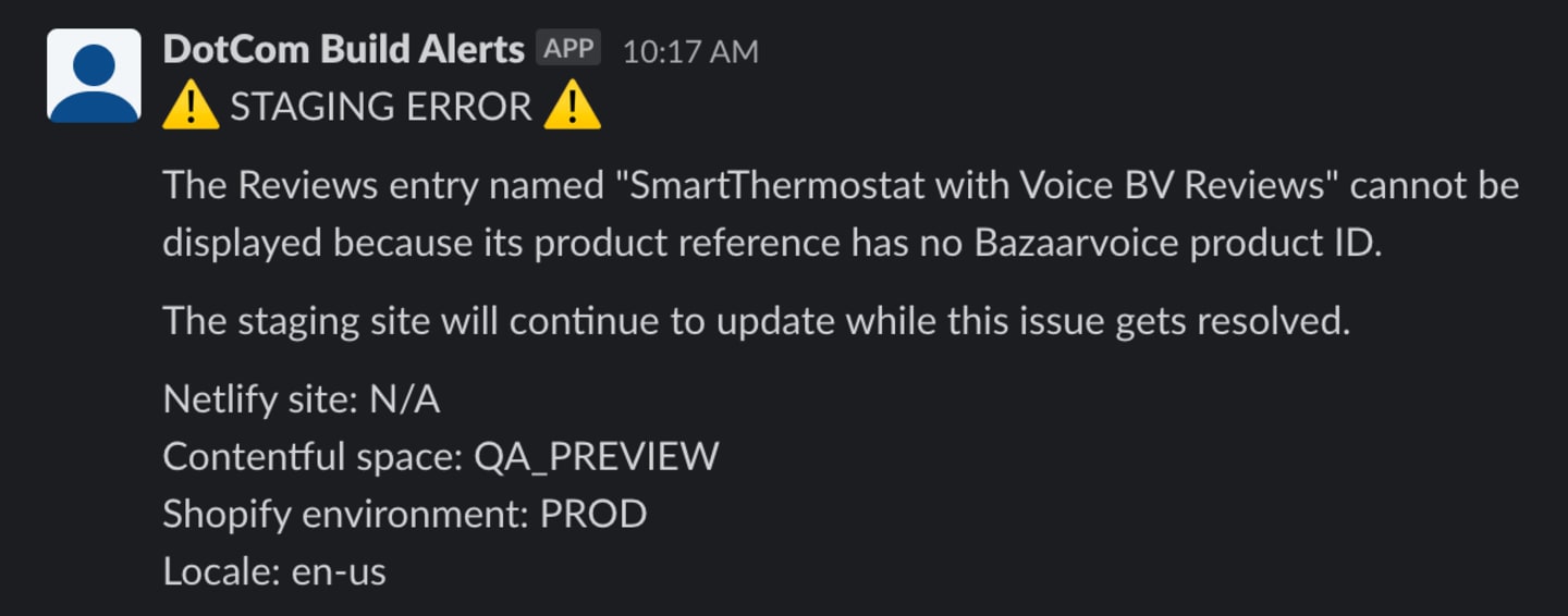 A message posted to Slack by 'DotCom Build Alerts' explaining that a specific 'Reviews' entry cannot be shown because one of its required fields is empty.