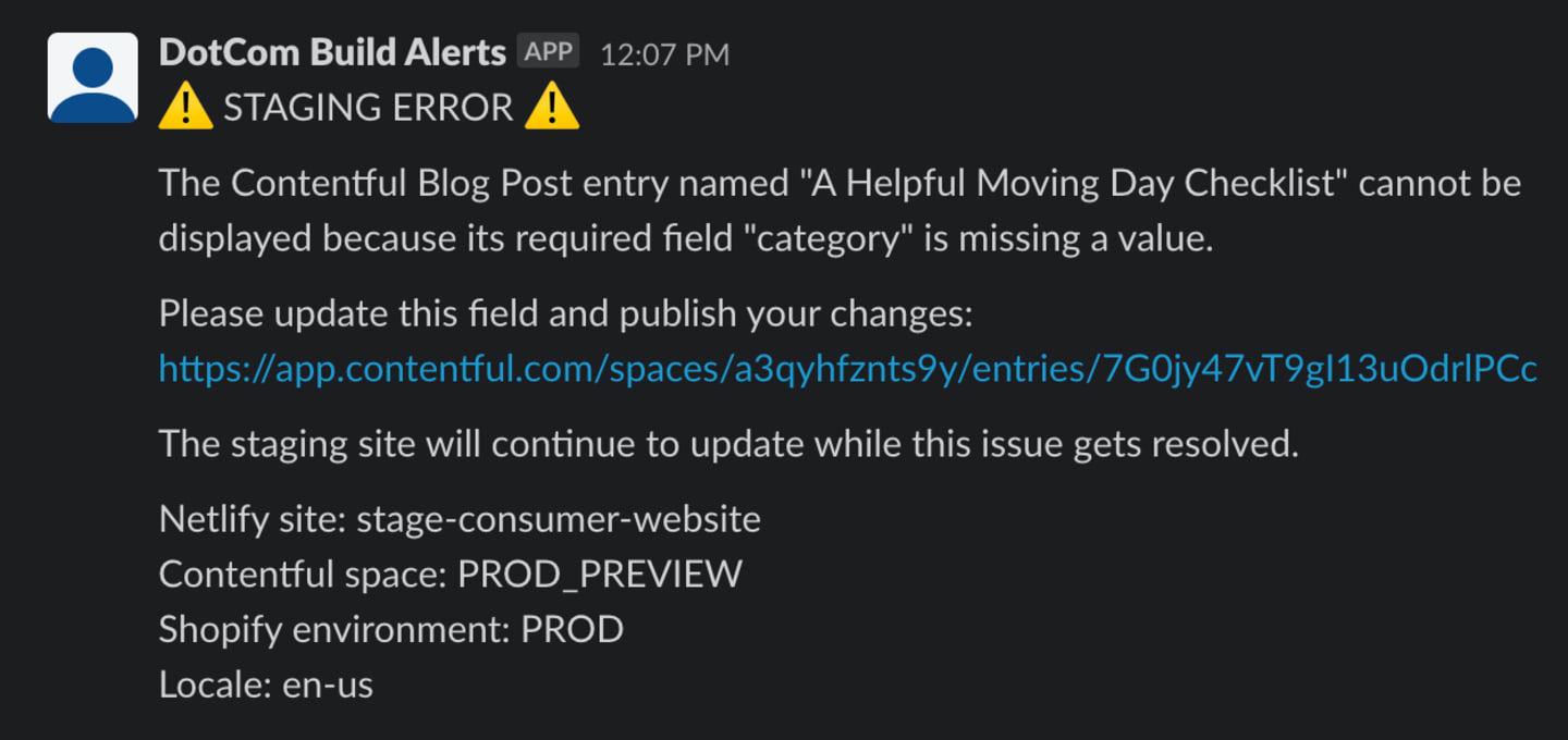 Another message posted to Slack by 'DotCom Build Alerts' explaining that a specific 'Reviews' entry cannot be shown because one of its required fields is empty, this time including a link to the broken entry.